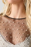 Sheer Mesh Faux Pearl Long Sleeve Top