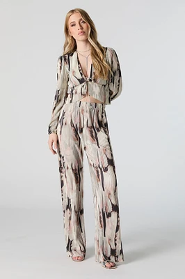 Textured Abstract Print Flowy Wide Leg Pant