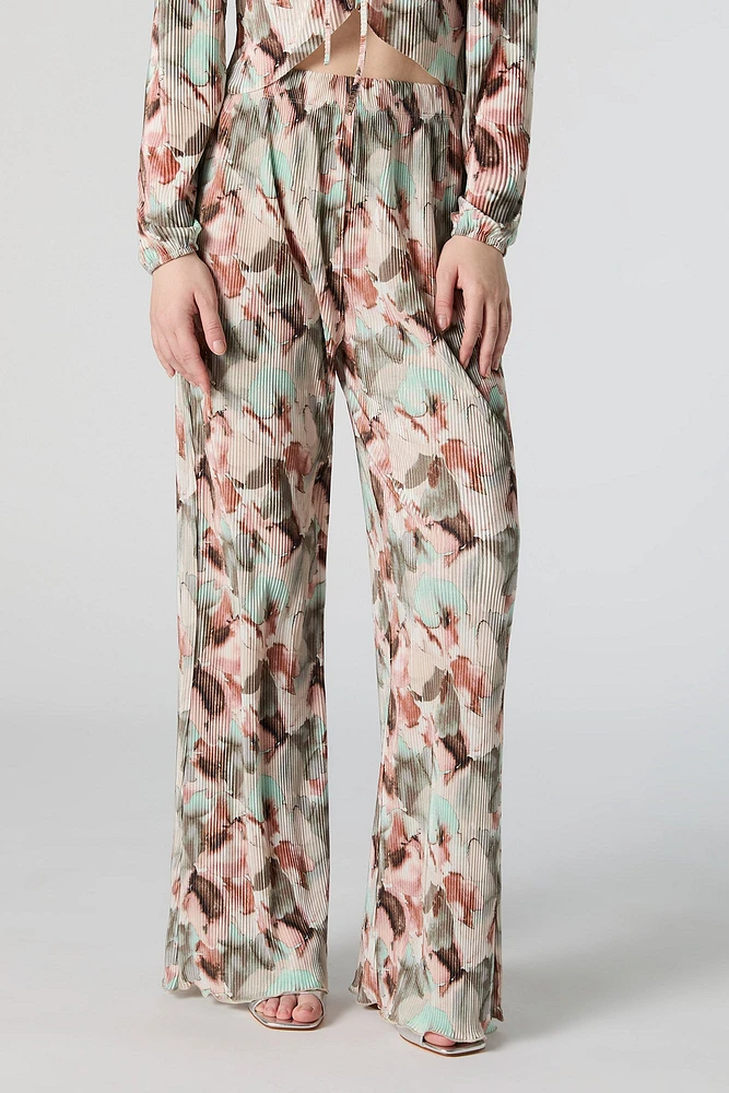 Textured Multi Floral Print Flowy Wide Leg Pant