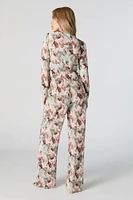 Textured Multi Floral Print Flowy Wide Leg Pant