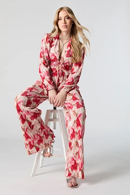 Textured Floral Print Straight Flowy Wide Leg Pant