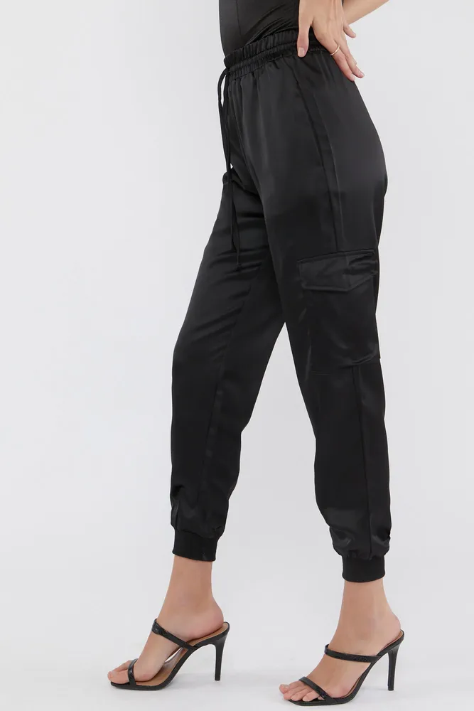 High-Waisted Satin Cargo Jogger Pants