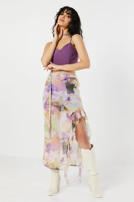 Floral Print Ruffle Slit Maxi Skirt