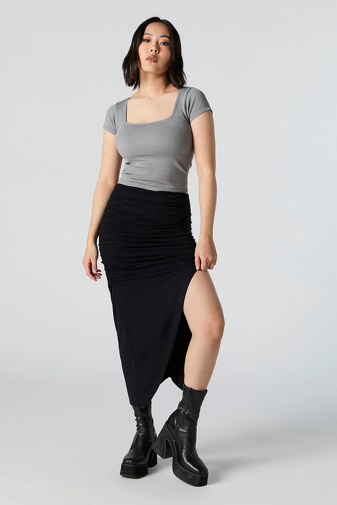 Ruched Slit Midi Skirt