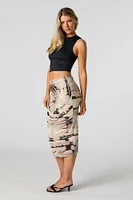 Abstract Floral Print Ruched Midi Skirt