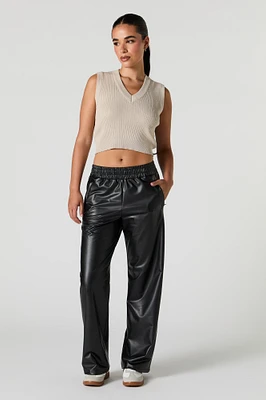 Faux Leather Elastic Waist Wide Leg Dress Pant