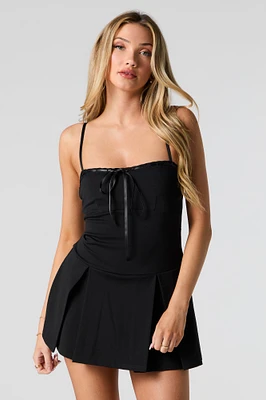 Tie Front Lace Trim Pleated Romper