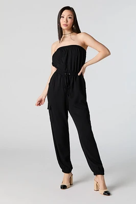 Drawstring Strapless Cargo Jumpsuit