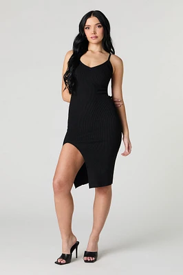 Ribbed Knit V-Neck Slit Midi Dress