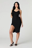 Ribbed Knit V-Neck Slit Midi Dress