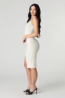 Robe midi en tricot côtelé avec encolure V et fente