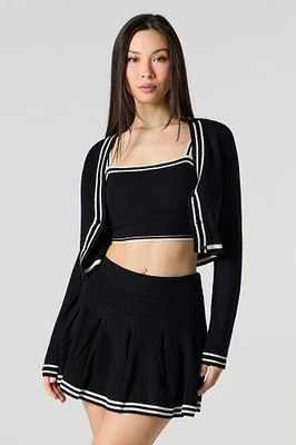 Knit Striped Trim Cropped Cardigan
