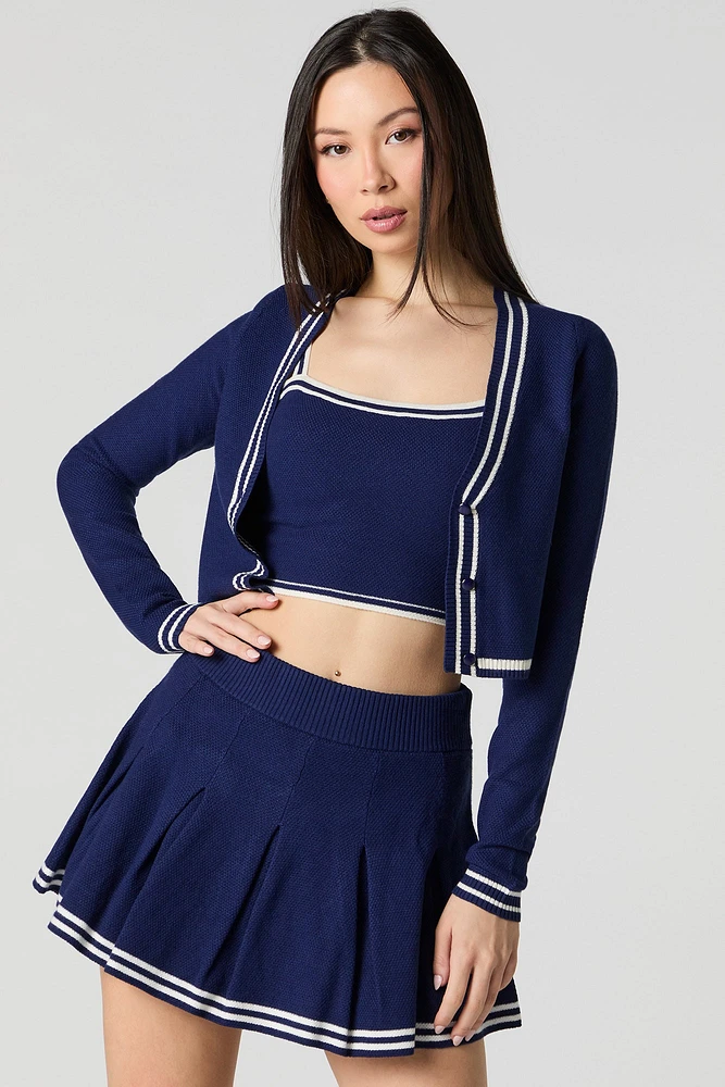 Knit Striped Trim Cropped Cardigan