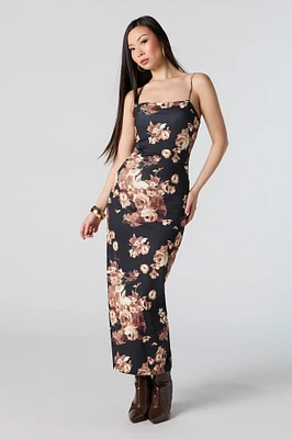 Robe midi profilée fleurie avec encolure carrée et fente arrière