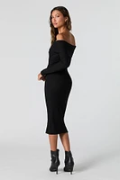 Ribbed Knit Off Shoulder Midi Sweater Dress