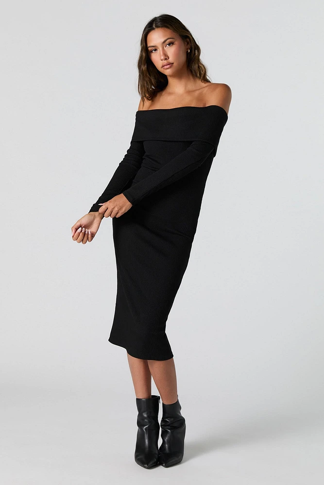 Ribbed Knit Off Shoulder Midi Sweater Dress