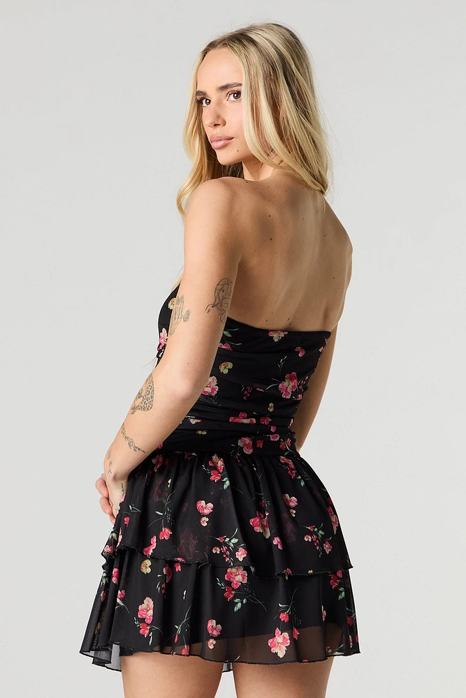 Floral Mesh Strapless Tiered Mini Dress