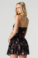 Floral Mesh Strapless Tiered Mini Dress