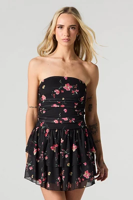 Floral Mesh Strapless Tiered Mini Dress