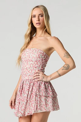 Minirobe volantée fleurie sans bretelles en filet