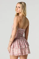 Minirobe volantée fleurie sans bretelles en filet