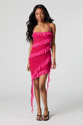 Mesh Ruffle Asymmetrical Mini Dress