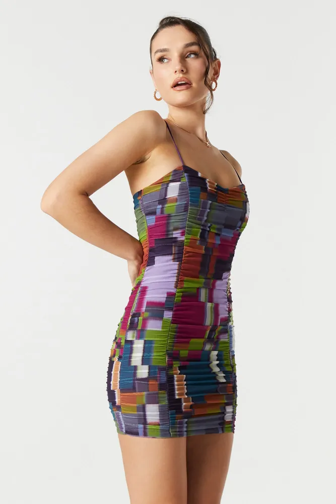 Sirens Geo Print Ruched Bungee Strap Mini Dress