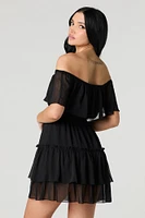 Chiffon Off Shoulder Tiered Mini Dress