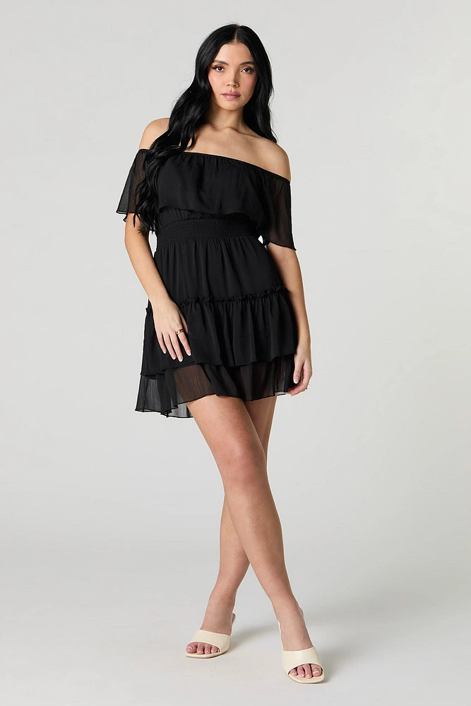 Chiffon Off Shoulder Tiered Mini Dress