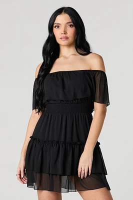 Chiffon Off Shoulder Tiered Mini Dress