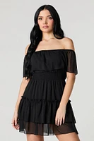 Chiffon Off Shoulder Tiered Mini Dress