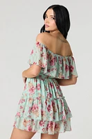 Chiffon Off Shoulder Tiered Mini Dress