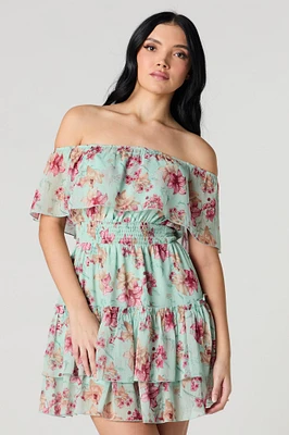 Chiffon Off Shoulder Tiered Mini Dress