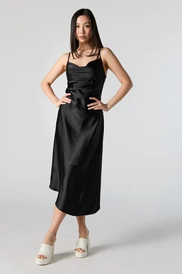 Satin Cowl Neck Asymmetrical Midi Dress