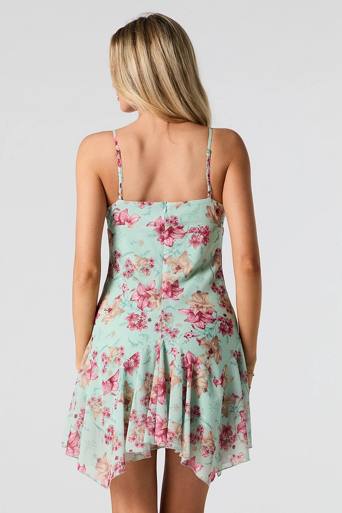Floral Chiffon Asymmetrical Mini Dress