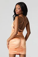 Satin Ruched Open Back Mini Dress