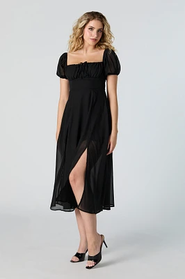 Mesh Milkmaid Slit Midi Dress