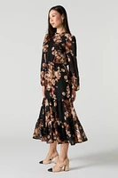 Floral Chiffon Long Sleeve Tiered Midi Dress