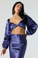 Satin Front Twist Long Sleeve Crop Top