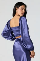 Satin Front Twist Long Sleeve Crop Top