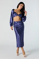 Satin Front Twist Long Sleeve Crop Top