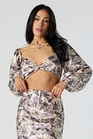 Printed Satin Front Twist Long Sleeve Crop Top