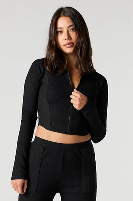 Ribbed Zip-Up Long Sleeve Crop Top