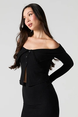 Ribbed Knit Button-Up Off Shoulder Sweater