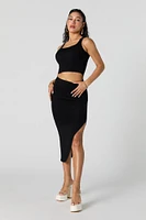 Ruched Bodycon Slit Midi Skirt