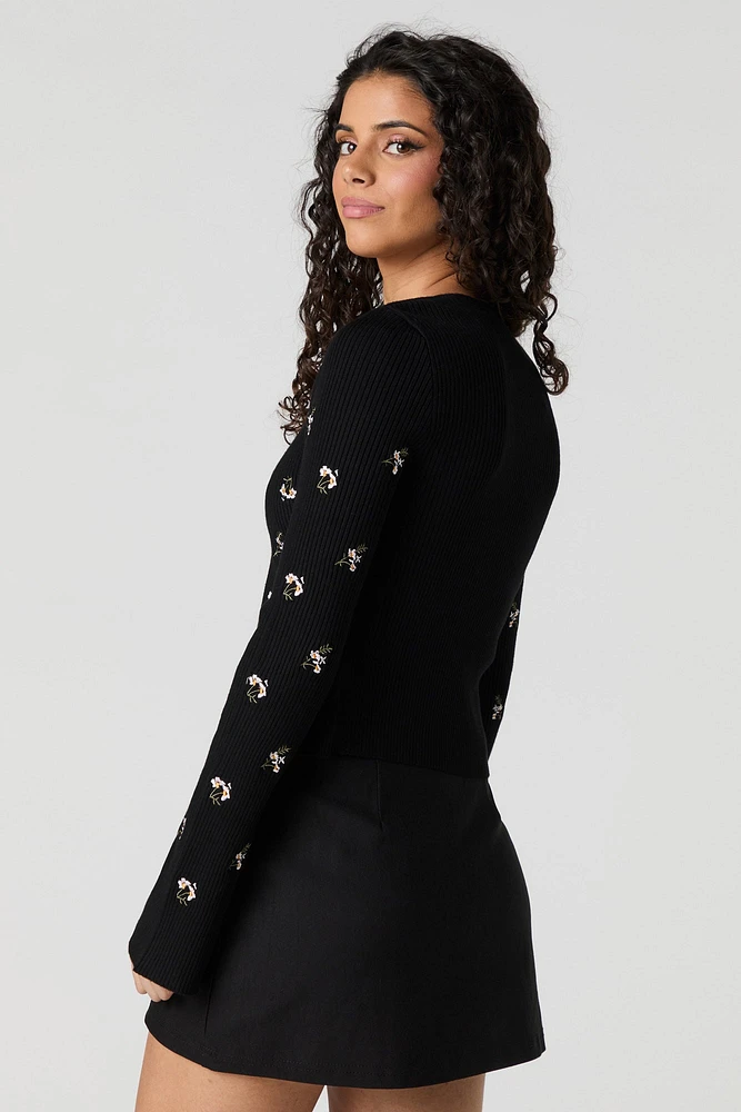 Ribbed Knit Floral Embroidered Tie Front Cardigan