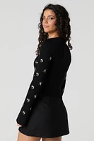 Ribbed Knit Floral Embroidered Tie Front Cardigan