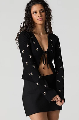 Ribbed Knit Floral Embroidered Tie Front Cardigan