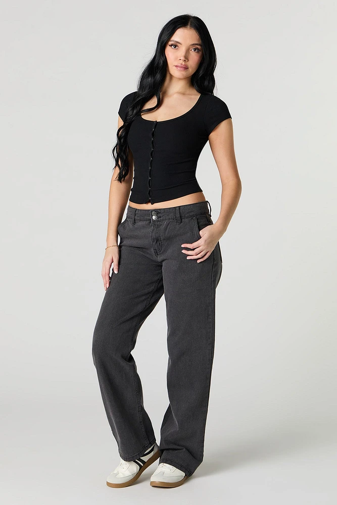 Ribbed Button Front T-Shirt