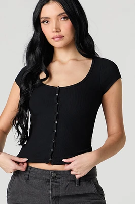 Ribbed Button Front T-Shirt